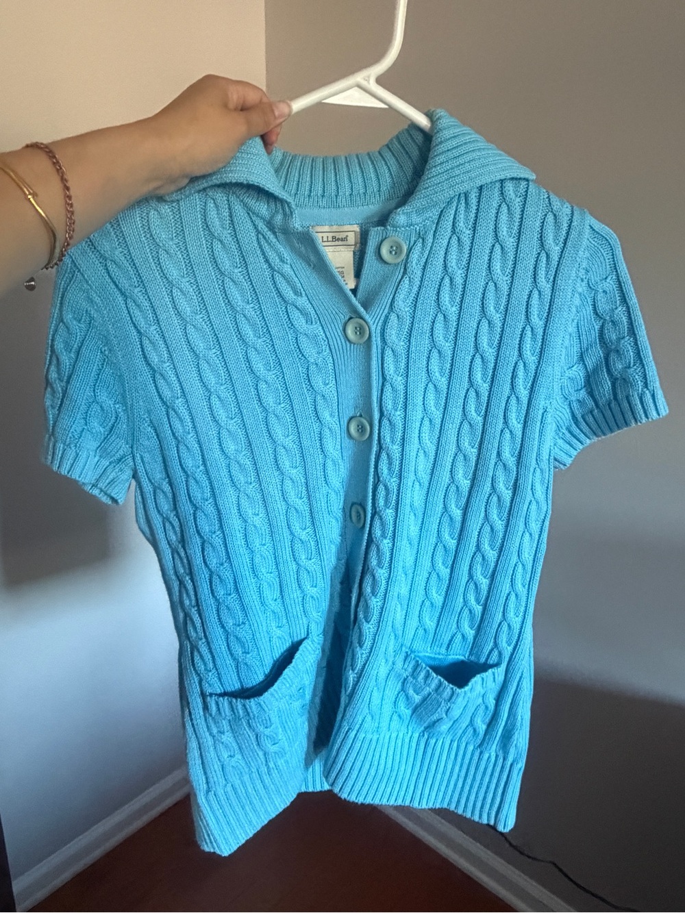 L.L. Bean Women Short-Sleeve Cable Knit Cardigan Button Up Blue Vintage Sweater